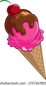 Pink ice cream cone, vector illustration.