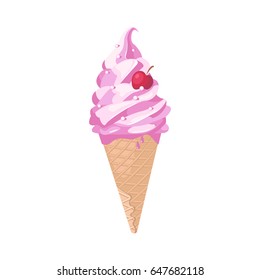 Pink ice cream cone vector illustration with cherry and pearl sprinkles, isolated on white. Delicious colorful dessert for cafe menu, packaging, delivery box, greeting cards, posters, T-shirt