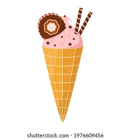 Pink ice cream with cookies in a waffle cone.