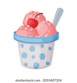 Pink Ice Cream in Cup with Topping and Spoon as Frozen Dessert and Sweet Snack Vector Illustration