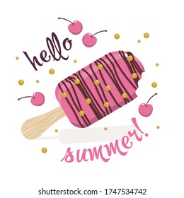 Pink ice cream with decorative chocolate decoration, cherries and gold balls on a white background and the inscription "Hello summer". Isolated illustration of a Popsicle on a wooden stick.