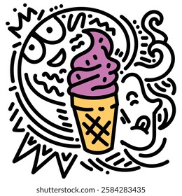 Pink Ice cream with doodle around. Simple illustration. Hand drawn doodle for sticker, postcard, wallpaper, mural, fabric, prints, wall decor, clothing, etc