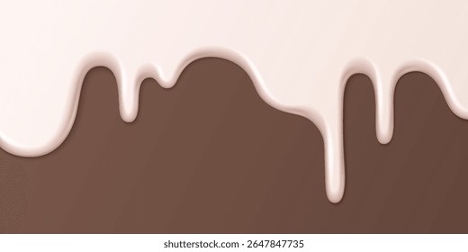 Pink ice cream drip melting over chocolate brown background. Sweet dessert topping flowing down with glossy texture for confectionery designs, bakery promotions, summer treats food packaging.