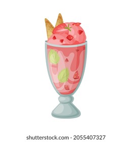 Pink Ice Cream in Glass Bowl with Strawberry as Frozen Dessert and Sweet Snack Vector Illustration