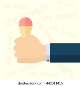 Pink ice cream in the hand, illustration.
