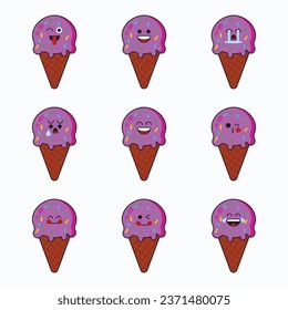 Pink ice cream icon set vector emoticon. Cute emoji pink ice cream with face. pink ice cream Illustration of cute emojis with various expressions. pink ice cream, flat cartoon style.