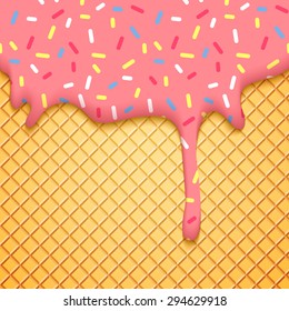 Pink Ice Cream Illustration with Wafer and Glaze. Colorful Vector Food Background. Abstract Bakery Card.