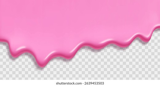 Pink ice cream melt dripping down on transparent background - glossy liquid strawberry frosting flowing with smooth wavy edge. Sweet dessert topping for decoration, candy design or food illustration.