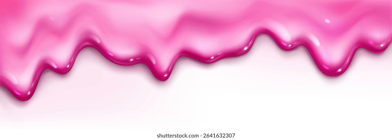 Pink ice cream melt dripping down - glossy liquid strawberry dessert flowing over white background. Sweet frozen treat melting with smooth cream texture for summer banner design or food illustration.