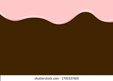 Rosa Eiscreme schmelzen und fließen auf gerösteter Waffeloberfläche. Glasierte Wafer-Textur, süßer Kuchenhintergrund. Vektorillustration flach