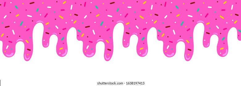 Pink ice cream melted with colorful cute candy sprinkles long border, banner seamless pattern, vector white background