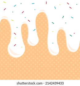 Pink ice cream melted with colorful cute candy sprinkles long border, banner seamless pattern, vector white background
