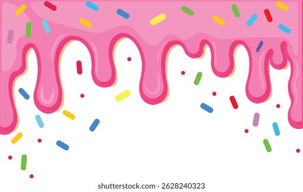 Sorvete rosa derretido com polvilhos coloridos doces bordas longas, banner padrão sem emenda, fundo branco vetor
