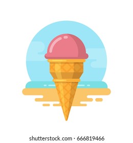 Pink ice cream on the beach flat  icon