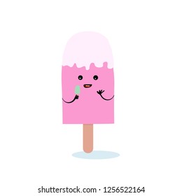 Pink ice cream on a stick on a cartoon style white cream.