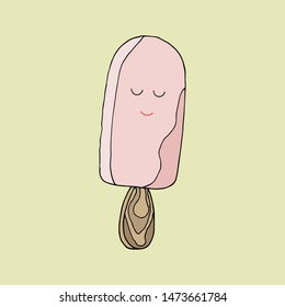 Pink ice cream on a stick with a calm face. Vector illustration. Delicious dessert with closed eyes and smile, hand-drawn. Illustration for printing on t-shirts, in a book, on websites, in advertising