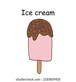 Pink ice cream on a stick poured with chocolate, frozen ice, ice cream vector doodle illustration.