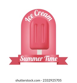 pink ice cream on a stick in the center of the arch with a ribbon with text. pink ice lolly in pink arch with text