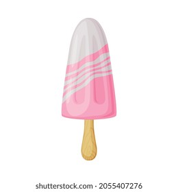 Pink Ice Cream on Wooden Stick as Frozen Dessert and Sweet Snack Vector Illustration