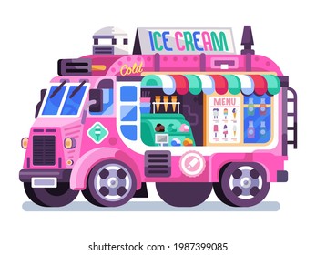 Pink ice cream parlor in flat design. Retro street food van. Street food on wheels ice-cream truck with frozen sweets isolated on white background.