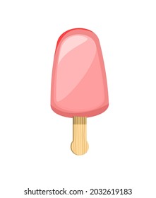 Pink Ice cream. Popsicle on a stick. Summer food sweet dessert. Flat design. Object is isolated on a white background. Illustration Vector.