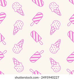 Pink ice cream and popsicle pattern on a beige background. Seamless repeating template for design and print