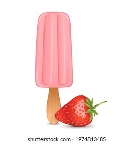 Pink ice cream with popsicle stick. Realistic strawberry isolated on white background.