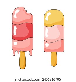 Helado rosado, paletas de helado, hielo de frutas. Paleta de yogur de vainilla de fresa en un palo. Ilustración vectorial aislada de la comida del verano sobre fondo blanco