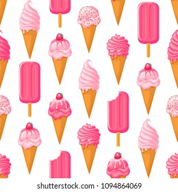 Pink ice cream seamless pattern on white background