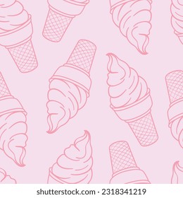 Pink ice cream seamless repeat pattern, vector background, line art ice cream cones