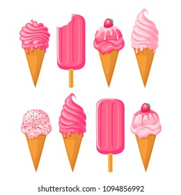 Pink ice cream set on white background