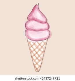 Un helado rosa se encuentra enclavado en un cono crujiente de gofres. Los colores vibrantes del tratamiento contrastan perfectamente con los tonos neutros del cono