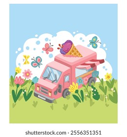Pink ice cream truck in a flower-filled meadow