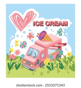 Pink ice cream truck with a heart logo in nature