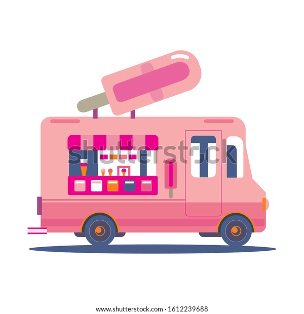 Pink ice\
cream truck vector in isolated background\

