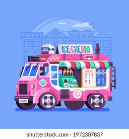 Pink ice cream van in flat design. Retro street food car. Summer kitchen auto kiosk scene with ice-cream truck illustration. Vintage cartoon minivan with frozen sweets.