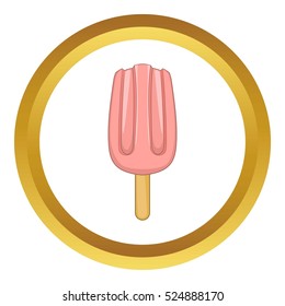 Pink ice cream vector icon in golden circle, cartoon style isolated on white background
