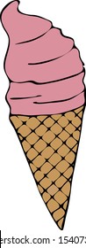 Pink ice cream. Wafer cup. Vector image.