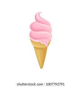 Pink ice cream in waffle cone, dairy product cartoon vector Illustration