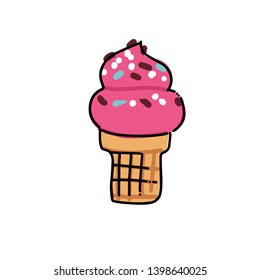 Pink Ice Cream in waffle cone Sketch. Hand drawn cartoon isolated illustration on a white background. Sweet delicious cold dessert food, snack. Stylized drawing cartoon Line art. Doodle.