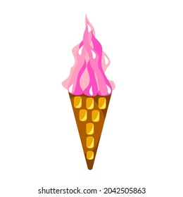 Pink ice cream in a waffle cone cup on a white background.Vector illustration.Dessert can be used in menus,textiles, postcards.