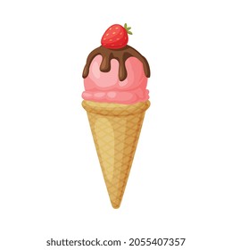 Pink Ice Cream in Waffle Cone with Chocolate Topping and Strawberry as Frozen Dessert and Sweet Snack Vector Illustration