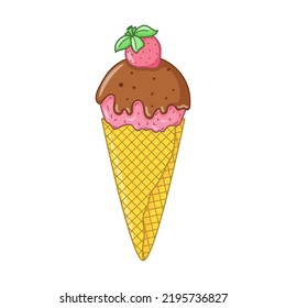 Pink ice cream in a waffle cone with chocolate glaze and strawberry. Bright summer sweet food. Delicious frozen dessert. Vector colored doodle Hand drawn illustration isolated on white. Cartoon style