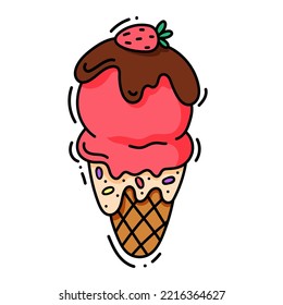 Pink ice cream in the waffle cone. Vector flat outline icon. Cartoon style illustration for sticker and t shirt design. flat logo design

