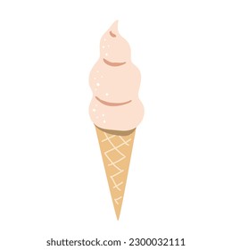 Pink ice cream in waffle cone. Doodle vector illustration. Organic milk product icon.