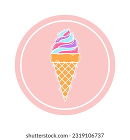 Pink ice cream in the waffle cone. Vector flat outline icon. Cartoon style illustration for sticker and t-shirt design. Flat logo design. Vector flat outline icon