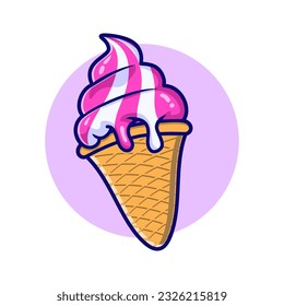 Pink ice cream in the waffle cone. Vector flat outline icon. Cartoon style illustration for sticker and t shirt design