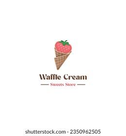 Pink ice cream in the waffle cone. Vector flat outline icon. Cartoon style illustration for sticker and t shirt design. flat logo design