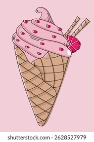 Pink Ice Cream In A Waffle Cone Vector Illustration In Cartoon Style