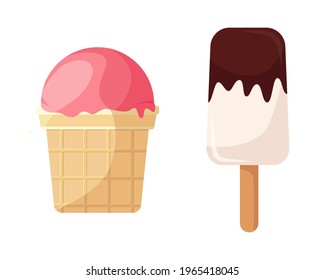 Pink ice cream in waffle cup and ice cream poured with chocolate icing on stick. Refreshing summer food. Simple multi-colored ice cream icon. Vector illustration isolated on white background